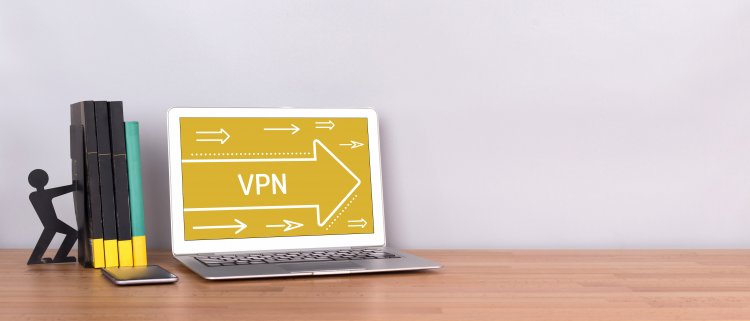 turbovpn vpn service laptop on desk with vpn and right arrow on display